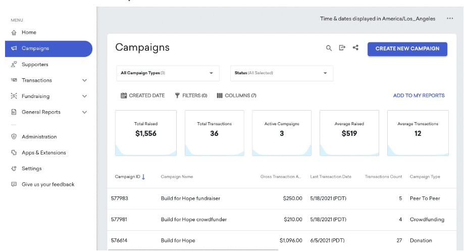 GoFundMe Pro dashboard