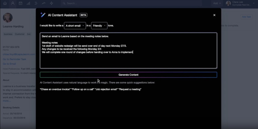 Capsule CRM’s AI-powered assistant helps craft email content for lead prospecting and nurturing.