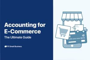Illustration of e-commerce accounting guide cover with phone and credit cards.