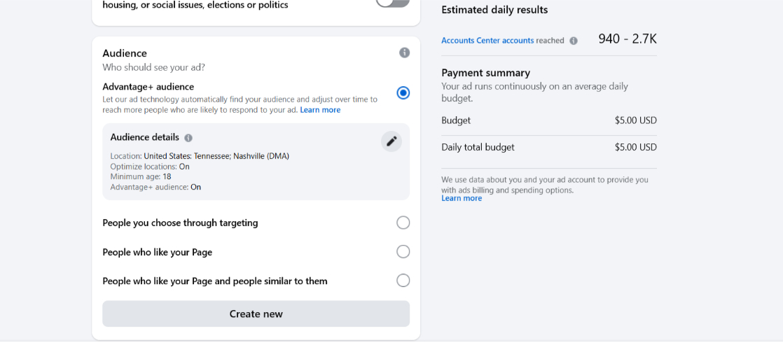 The Advantage+ Audience option on Facebook Ads to automatically target audiences.