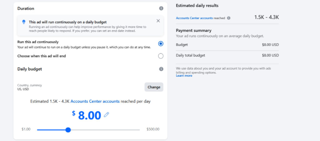 The option to set your ad budget on Facebook, and whether to set an average daily budget or a fixed total budget.
