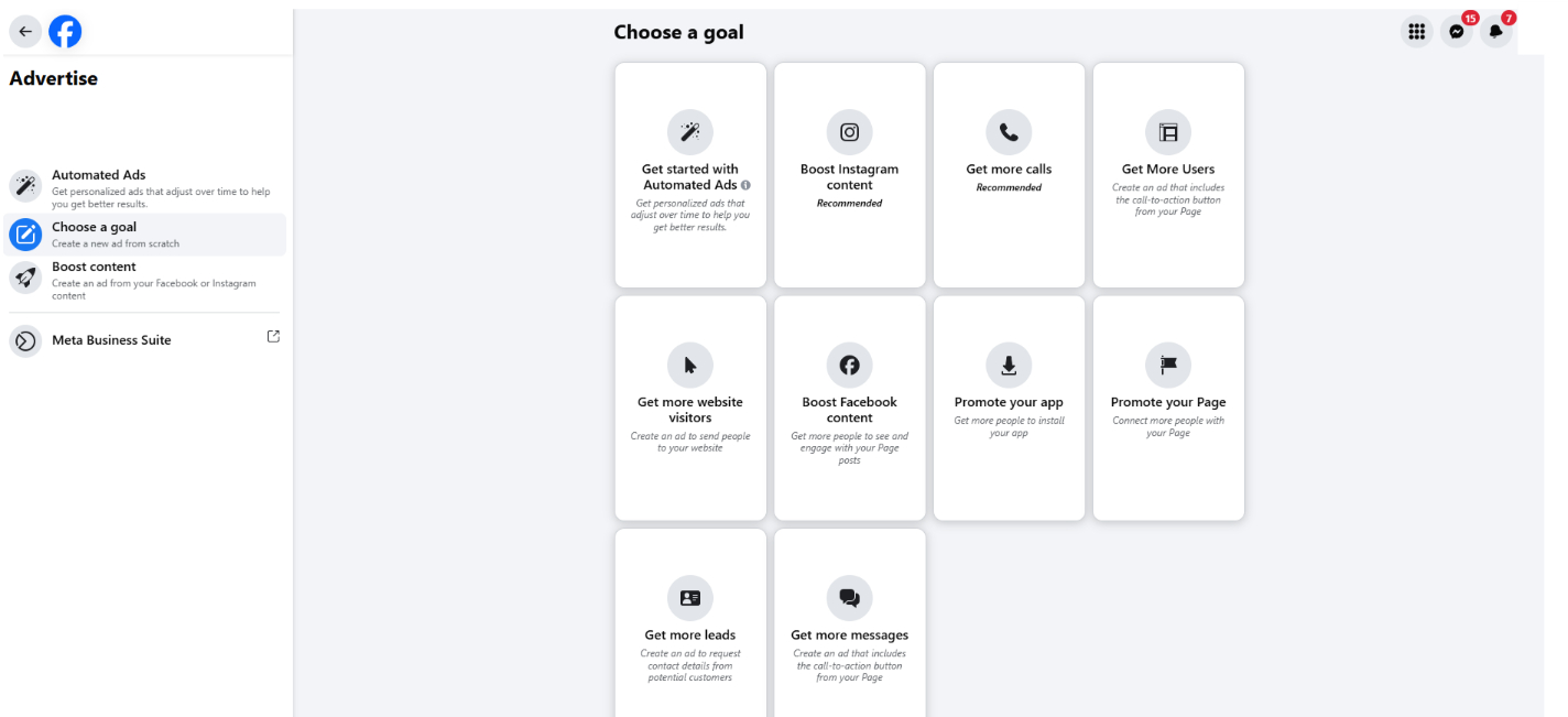 The various ad goals available for a Facebook ads campaign inside the Ad Center.