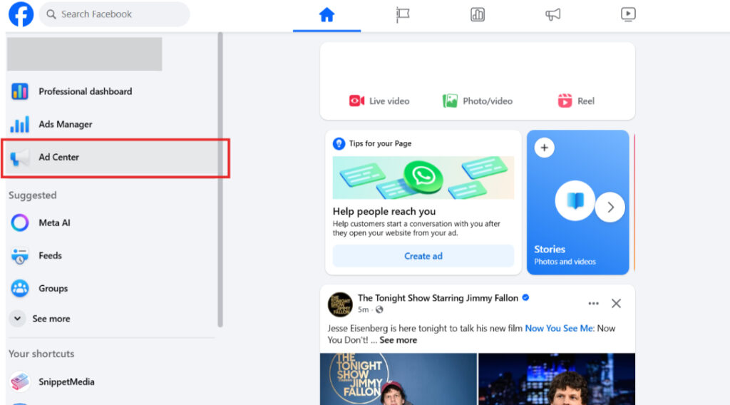 The feed of a Facebook page with the Ad Center on the left-hand menu.