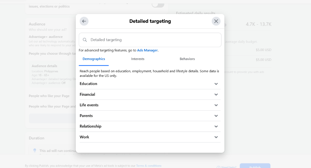 Facebook's audience targeting options, including b demographic, interest, and behavior.