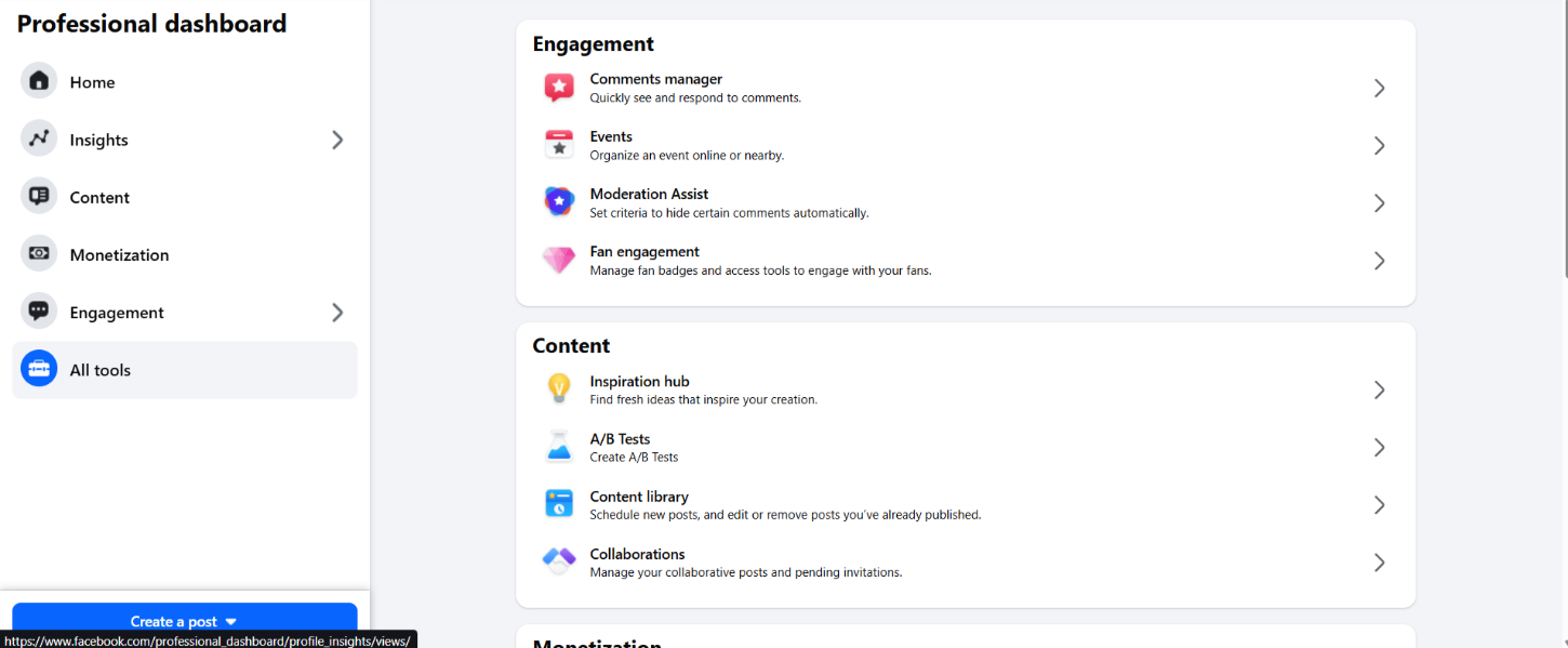 The Professional Dashboard of a Facebook business page with tools like Insights, Monetization, and Engagement.