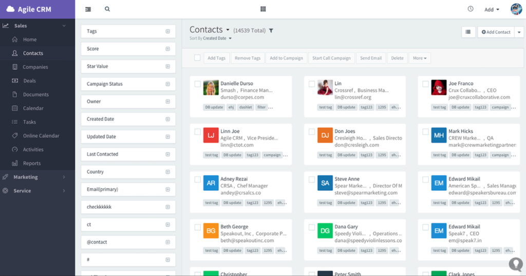 A grid view of Agile CRM's contact list with options to add tags, lead score, and star value.