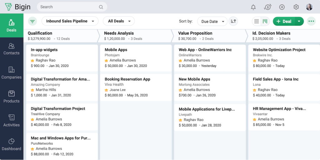 A demo version of Bigin by Zoho CRM's deal pipeline which shows other CRM modules, including deals, contacts, companies, products, activities, and dashboard.