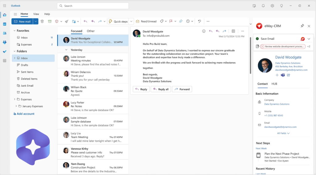 An eWay-CRM plugin seen inside a Microsoft Outlook email inbox.