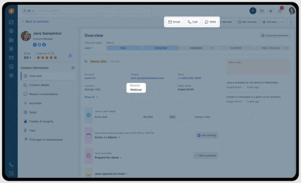 An example of a Freshsales contact record with integrated buttons for email, call, and SMS communications.
