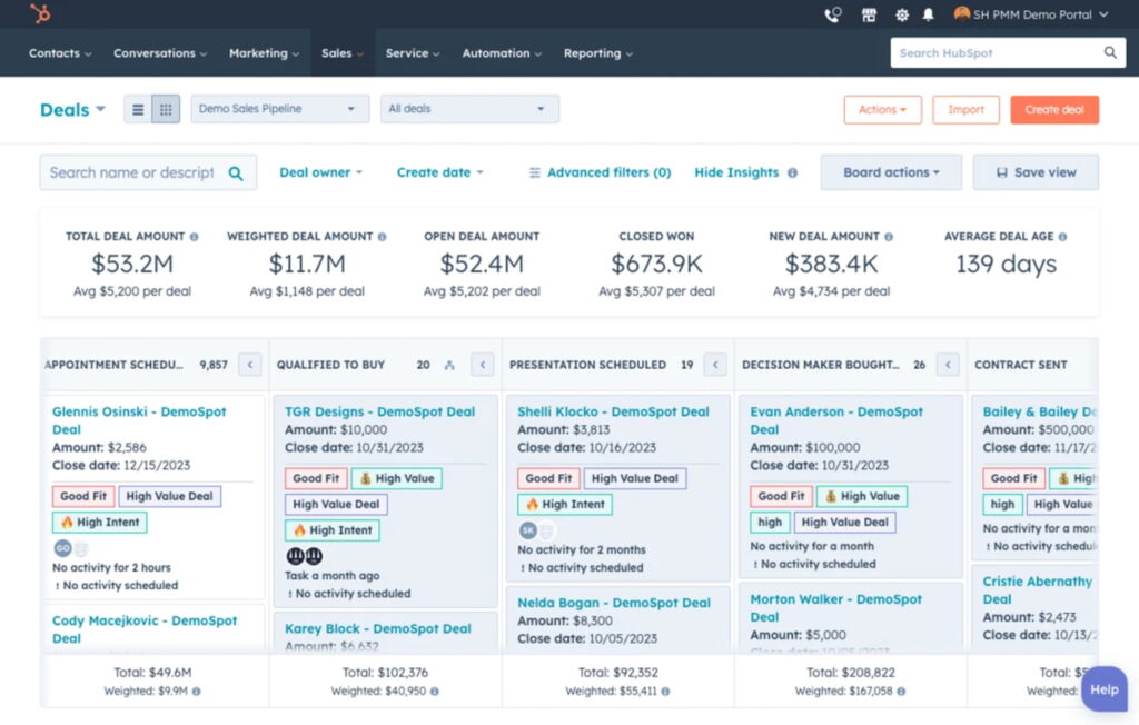 A mockup of HubSpot CRM's Kanban-style deal pipeline with deal details.