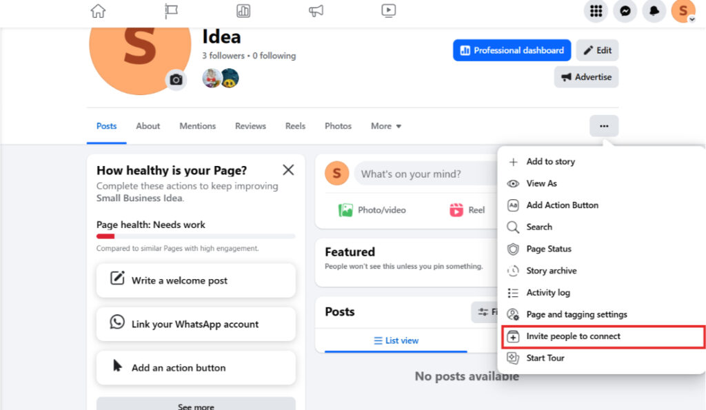 The "Invite people to connect" option on a Facebook business page.