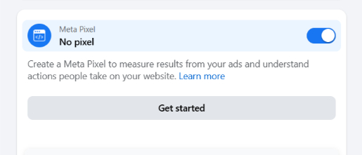 The option to toggle Facebook's Meta Ad Pixel on or off to track your ads' activity.