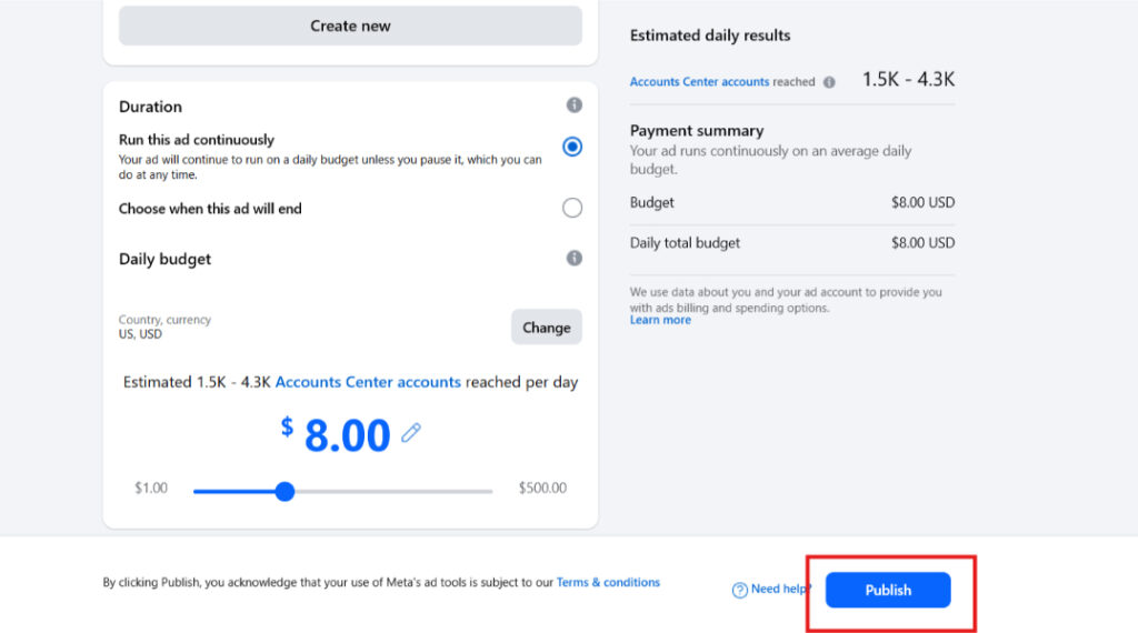 The "Publish" button inside Facebook's Ad Center to launch your ad.