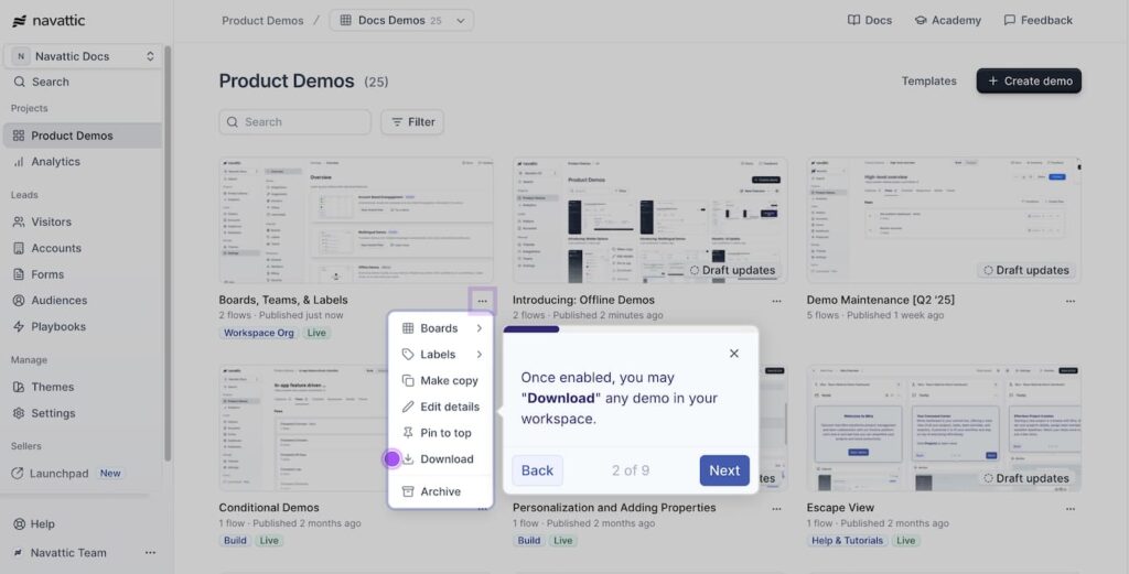 A slide from a Navattic interactive demo that shows you how to enable downloading of offline demos.