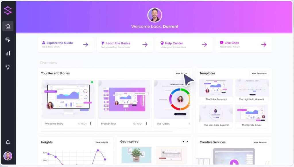 An example of ScreenSpace.io's home dashboard with an overview of stories, templates, and insights.