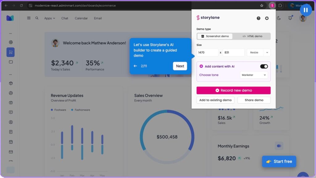 A mockup of Storylane's creator dashboard with instructions on how to use its AI builder to create a guided demo.