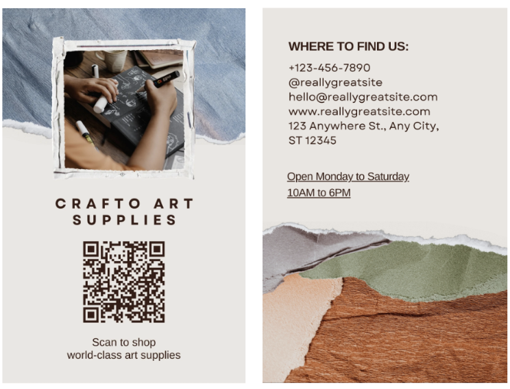 A simple digital business card template in Canva that includes a QR code for shoppers.