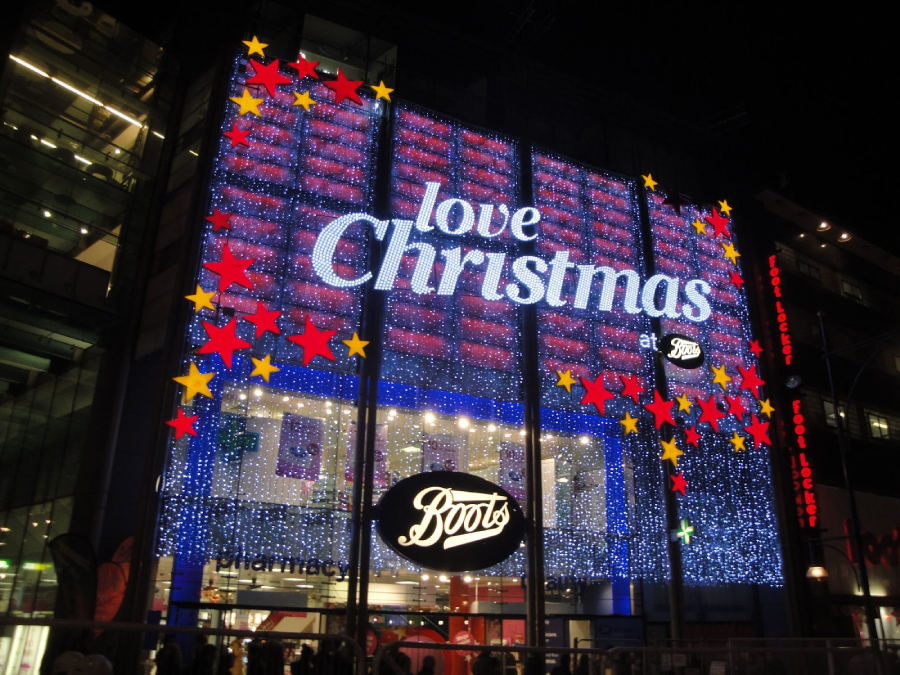 Christmas decorations outside the Boots store at 361 Oxford Street W1C 2JL, Westminster (borough), London in November 2011.