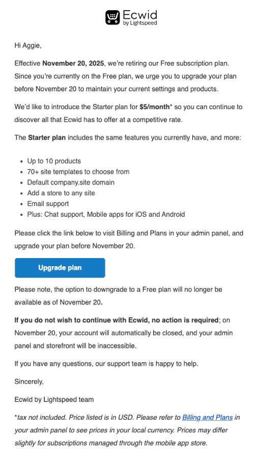 Email stating discontinuation of free Ecwid plan.