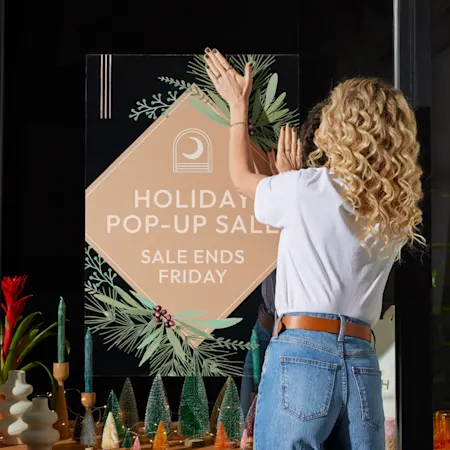 This is an example of a window cling from VistaPrint. Window clings are easy to move around and install, perfect for seasonal messaging and announcements.