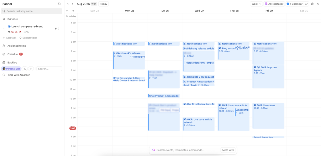 Weekly planner in ClickUp showing task deadlines, priorities, and overdue items to keep projects on track