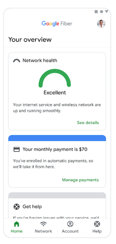 Mobile phone screen featuring the Google Fiber app and internet network strength.