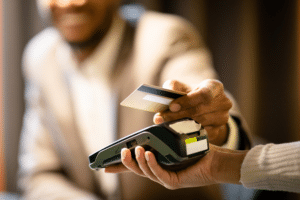 Customer holding a gold credit card over a point-of-sale (POS) terminal for payment