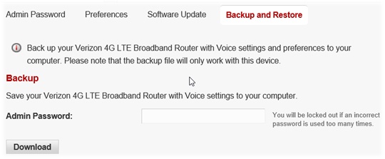 Backup and restore settings for Verizon 4G LTE broadband router.