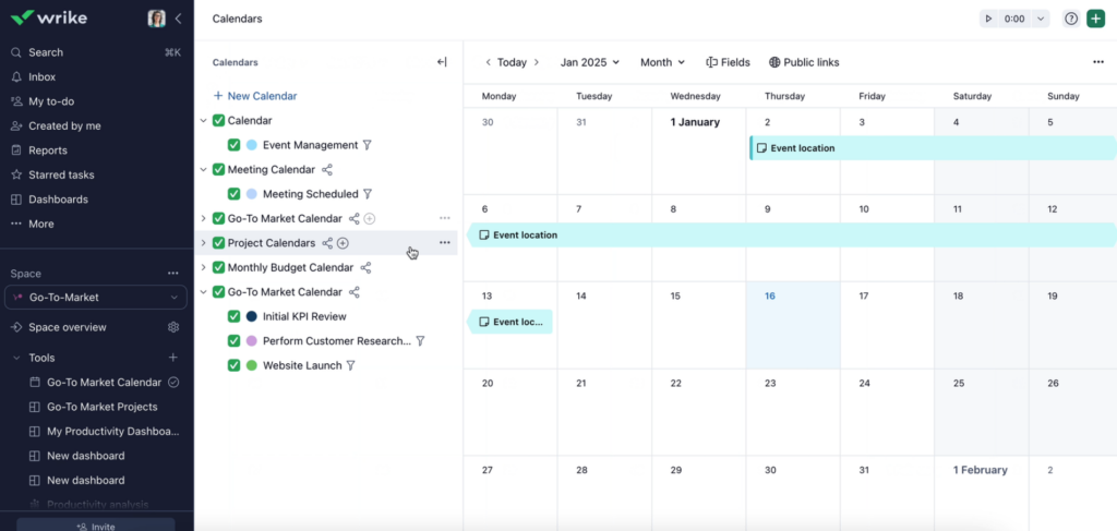 Wrike project management calendar displaying multiple event schedules and deadlines across teams.