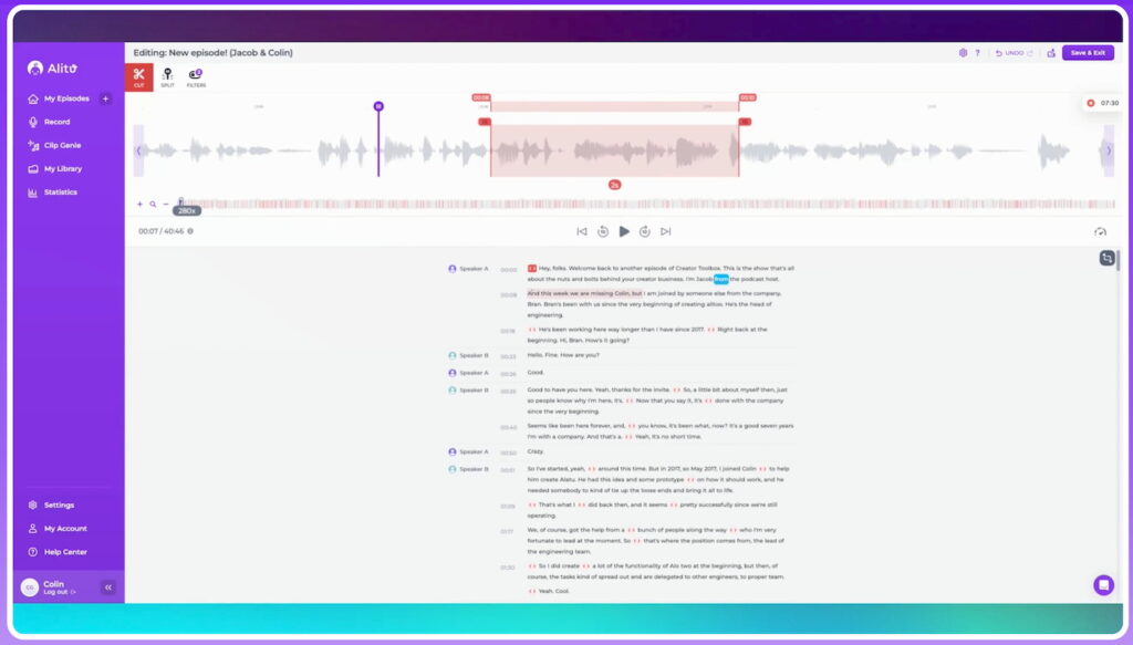 Screenshot of Alitu’s podcast editing interface showing an audio waveform, automated edits, and a transcript-based episode view.