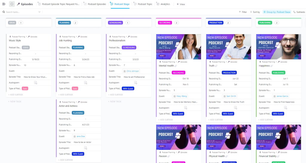 Screenshot of ClickUp’s podcast planning board showing episode cards organized by stages such as ideas, planning, scheduling, recording, production, and publishing.