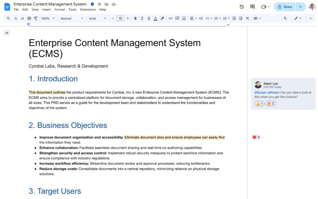 Screenshot of Google Docs showing a shared document with highlighted text and a collaborator’s comment in the sidebar.