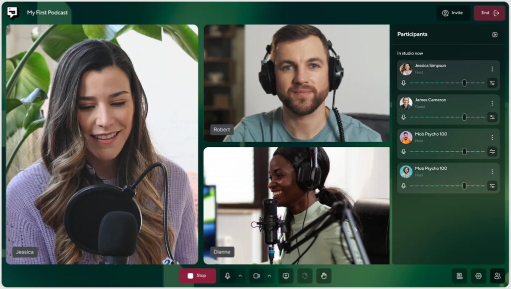 Screenshot of Podcastle’s browser-based video studio showing three remote guests and participant audio controls.