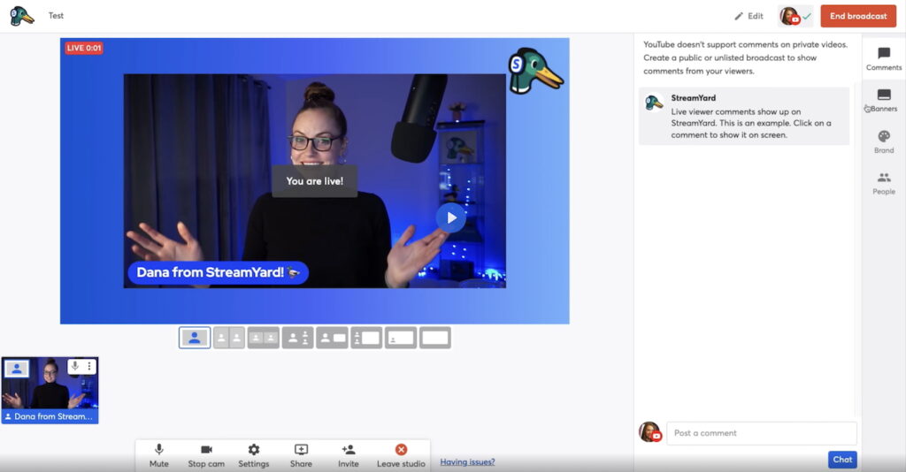 Screenshot of StreamYard’s test streaming interface showing a host on camera with preview controls before starting a live broadcast.