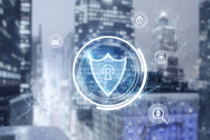 Digital data security concept with a blue shield and global network visualization