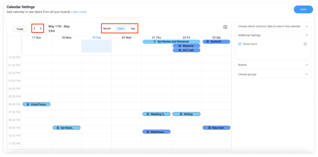 monday work management calendar view showing tasks scheduled across a week with options to toggle between month, week, and day views for better project planning. (Source: monday.com)