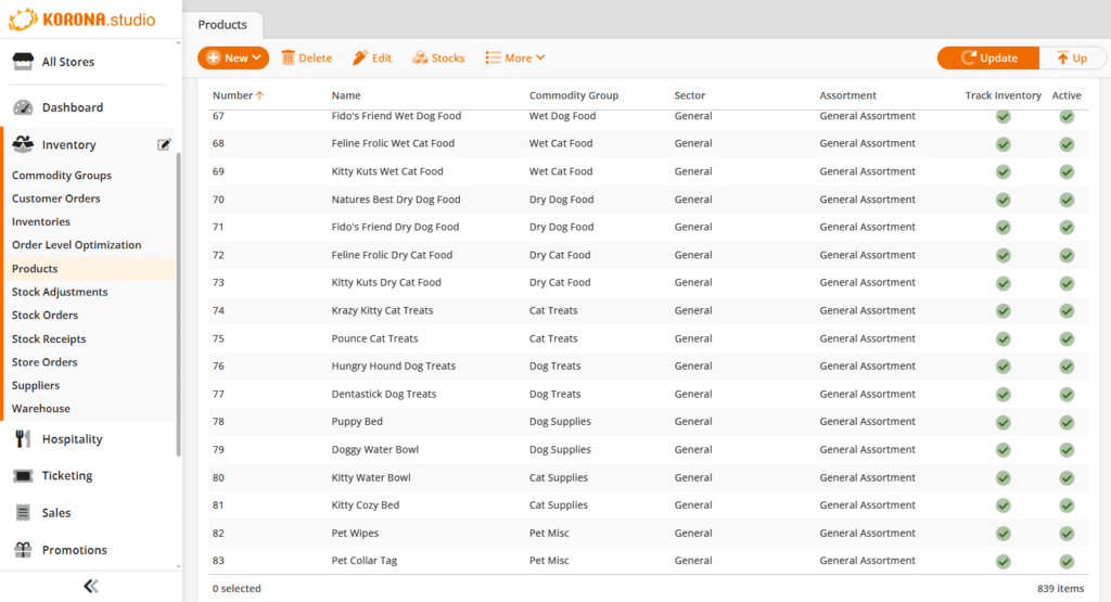 Korona POS lets retailers manage large product catalogs from a centralized inventory dashboard, making it easy to track items, categories, and stock status across locations.