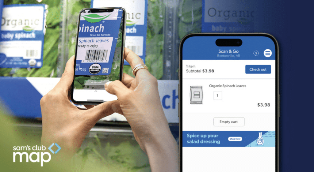A shopper uses the Sam’s Club Scan & Go app to scan a package of organic spinach, with the app displaying product details and a sponsored salad dressing ad on the checkout screen.