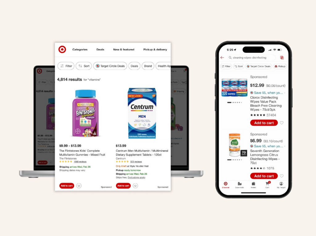 Target.com and the Target app displaying sponsored product listings for vitamins and cleaning supplies, highlighting how on-site retail media placements appear alongside organic search results.