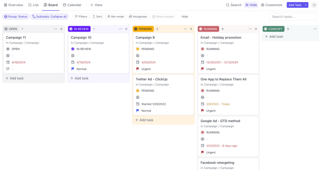 ClickUp Kanban board view displaying project tasks categorized by columns such as Open, In Review, Pending, and Running for streamlined task tracking.