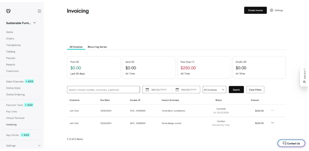 GoDaddy invoicing dashboard