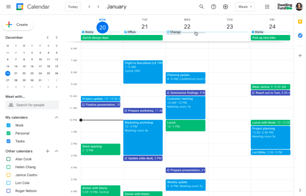 Google Calendar weekly view with color-coded events and meetings showing project tasks and availability across work and personal calendars.