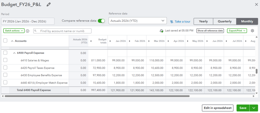 QuickBooks Online budget tool with payroll expenses categories like salaries and benefits.