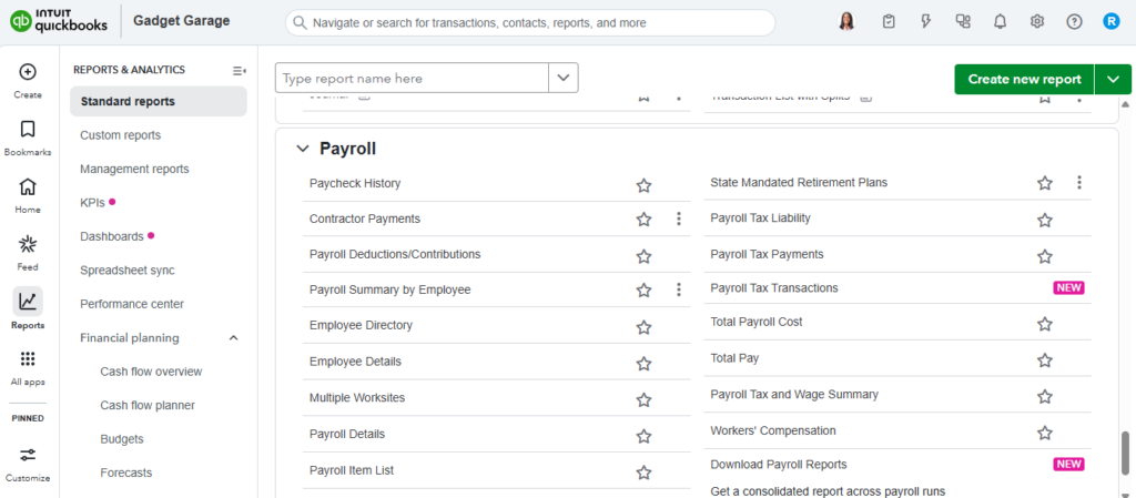 QuickBooks Payroll reports dashboard.
