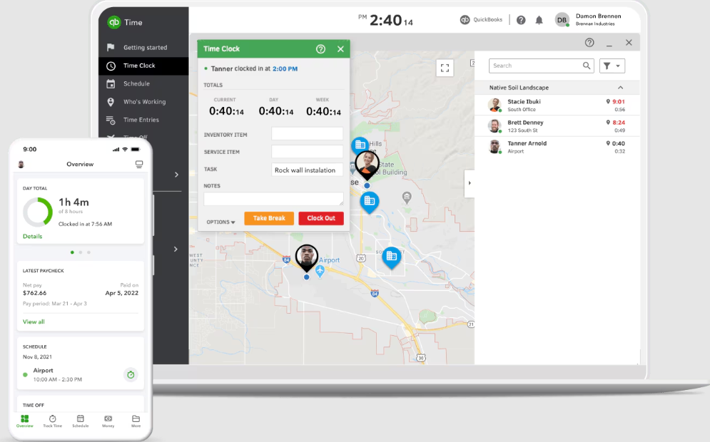 QuickBooks Time mobile and desktop dashboards showing employee time entries
