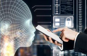 Person using a futuristic tablet interface for AI task management and automated workflow optimization.
