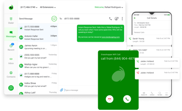 Grasshopper desktop app and mobile phone screen featuring phone call extension features.