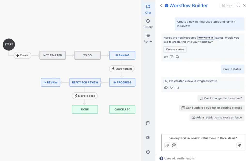 Jira Rovo AI displays a workflow diagram beside a chat panel where the user adds and adjusts workflow steps through natural language.
