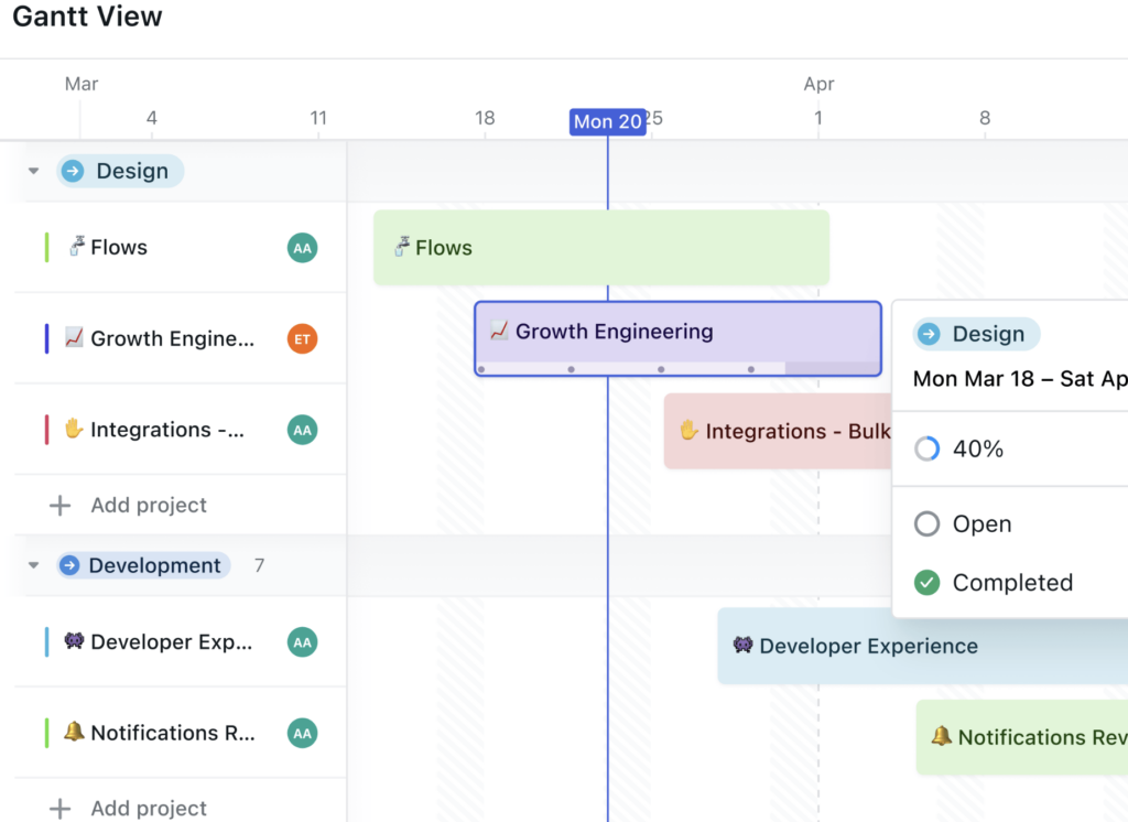 Screenshot of Motion showing a Gantt chart with color-coded project timelines and a warning icon on a task marked at risk.