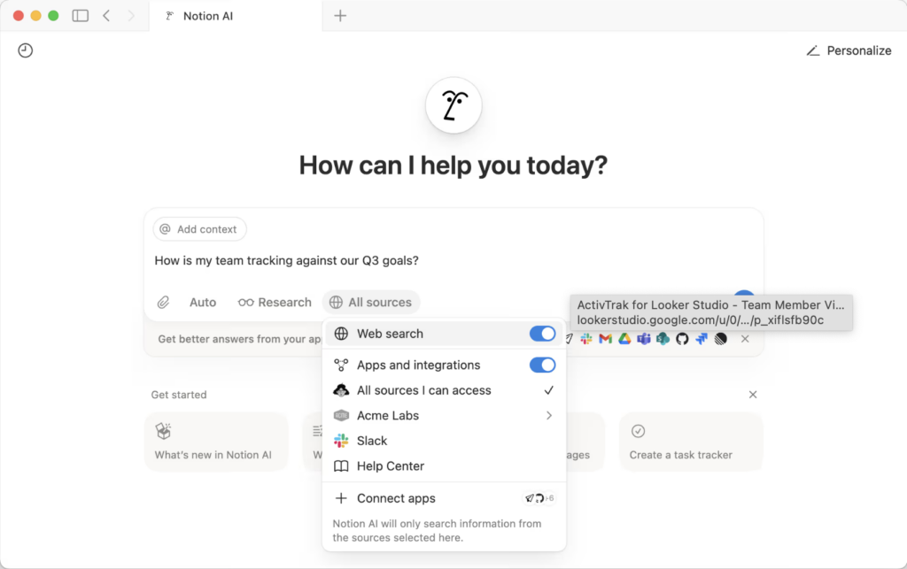 Screenshot of Notion AI showing a query box with selectable sources like web search and app integrations for generating responses.